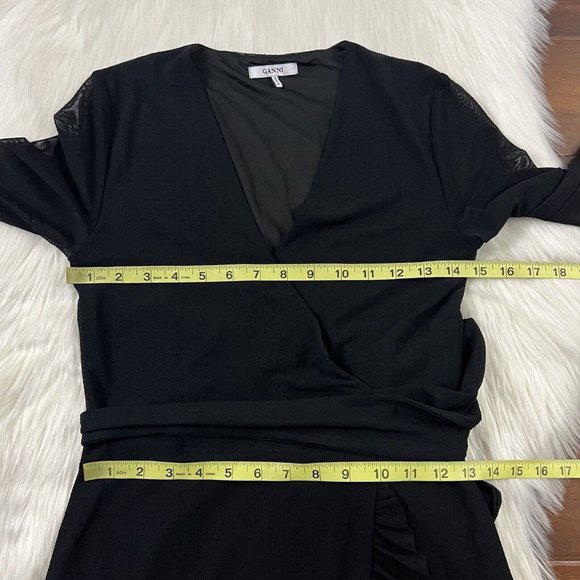 Ganni Size 34 Black Addison Ruffle Dot Mesh Wrap Dress Long Sleeve - Picture 5 of 11